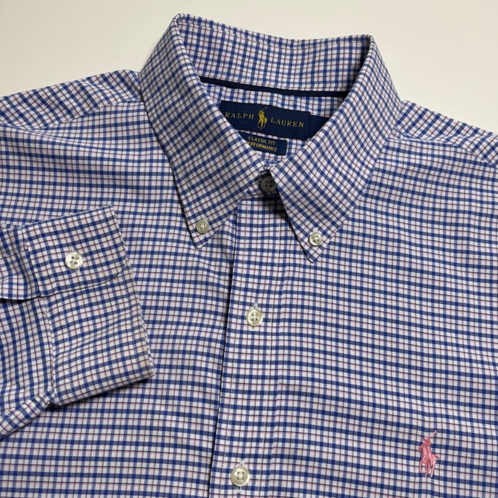 Ralph Lauren Classic Fit Performance Mens L Blue Pink Check Preppy Button Down